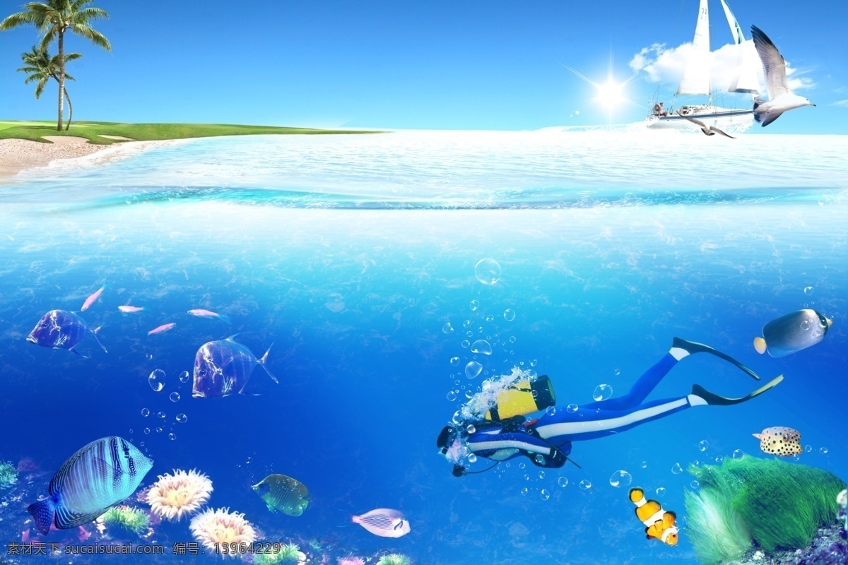 海底世界潜水 海底世界 海洋 大海 潜水 海洋鱼 沙滩风景 分层