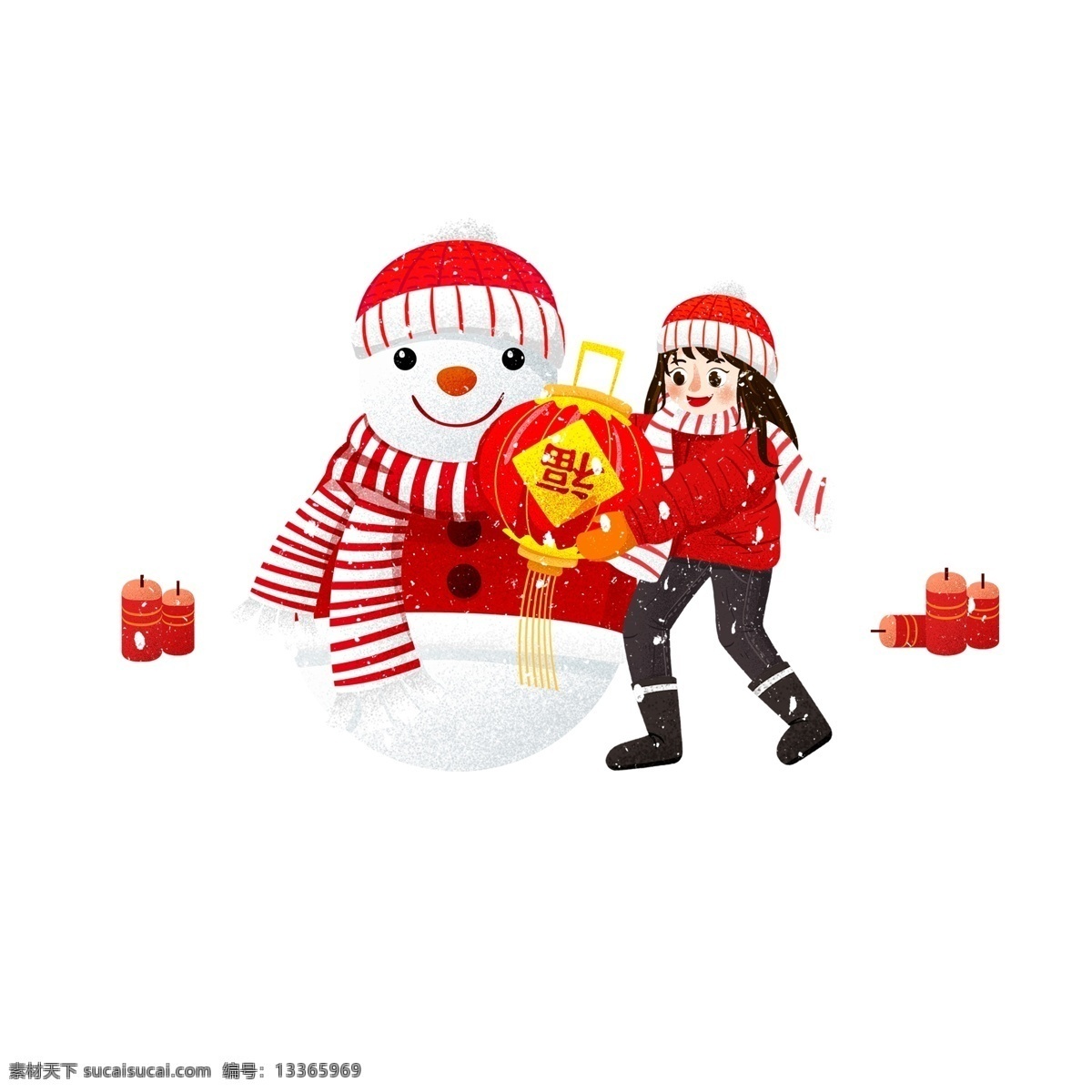 过年 抱 灯笼 女孩 人物 卡通 清新 春节 手绘 新年 2019年 猪年元素 雪人 炮竹 过新年 大雪