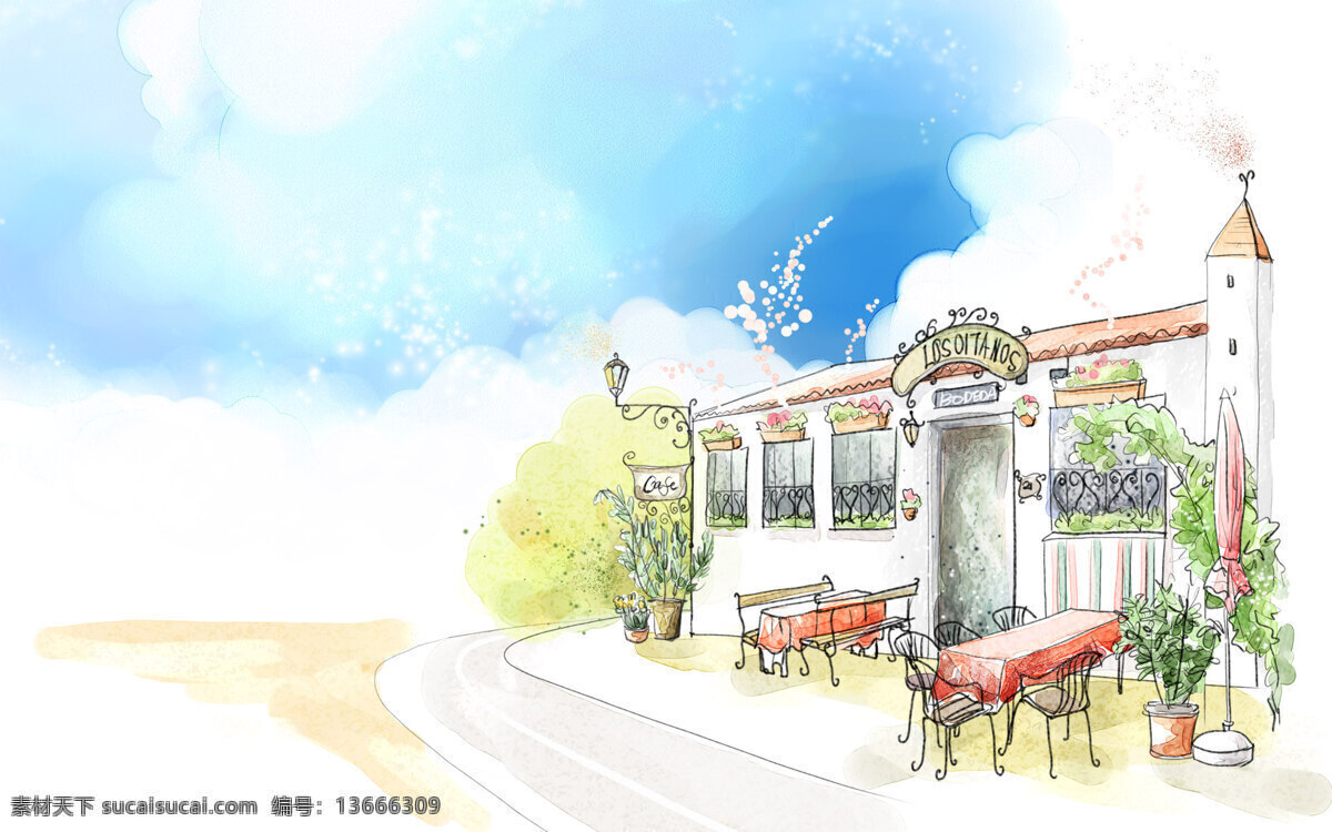 白云 别墅 动漫动画 风景漫画 韩国插画 花卉 花盆 蓝天 小店 漫画 手绘 椅子 桌子 太阳伞 盆栽 插画集