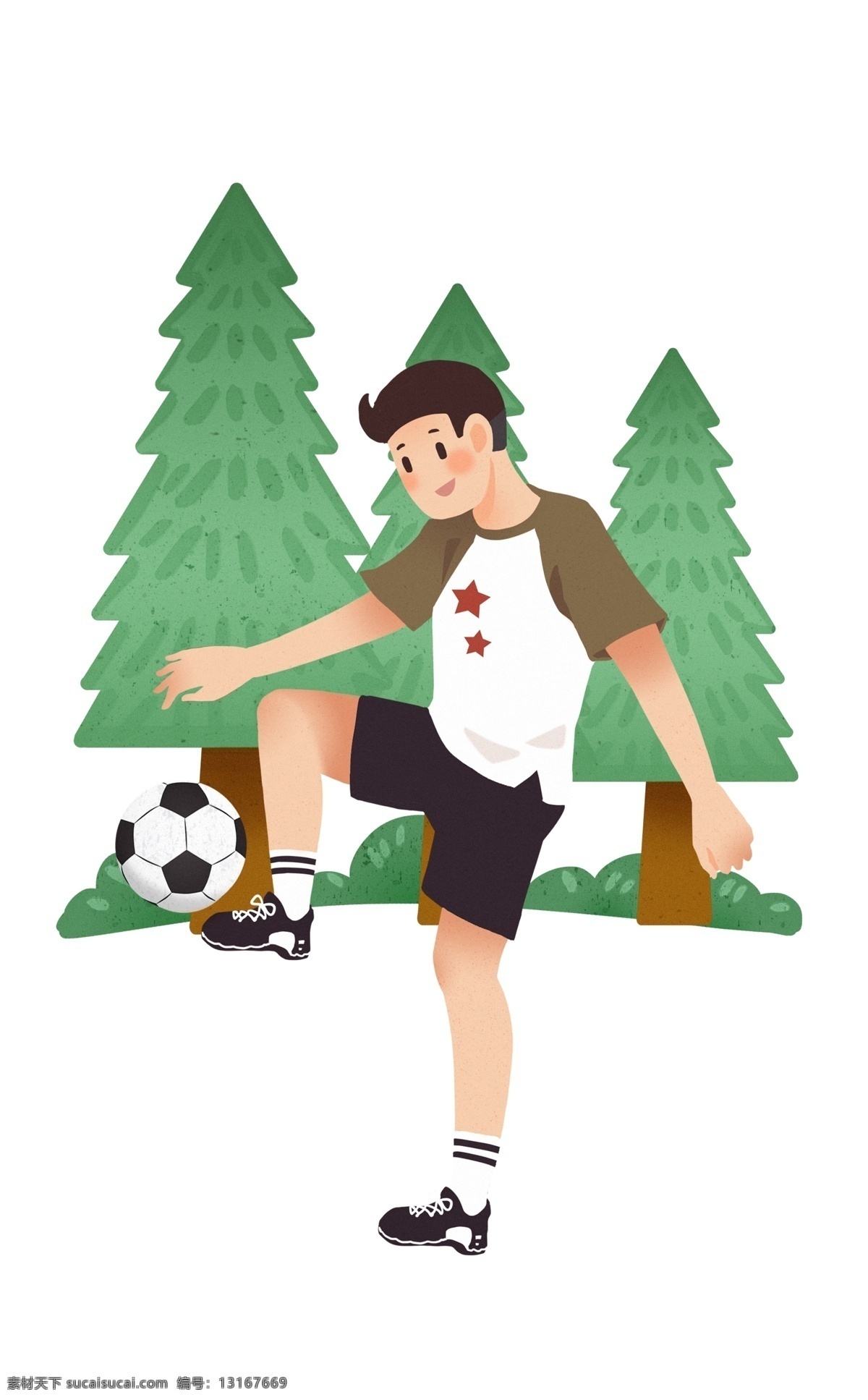 踢 足球 男孩 插画 踢足球的男孩 运动的男孩 健身人物 绿色树木装饰 卡通插画 体育运动 锻炼身体