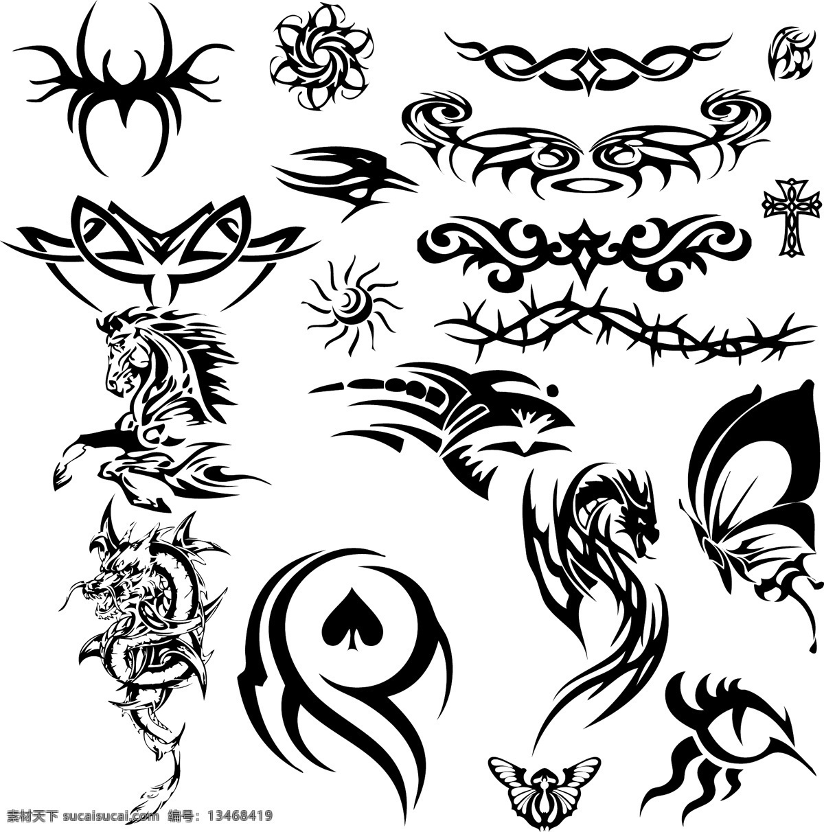 纹身 手绘 纹样 龙纹 花纹 纹身图案 矢量 底纹边框 花边花纹
