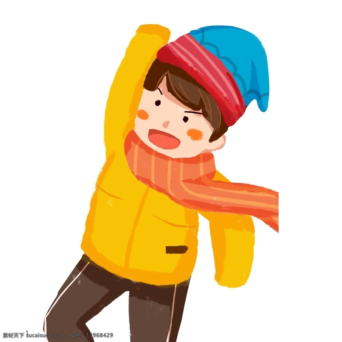 彩色 卡通 打招呼 男孩 人物 冬季 插画 男生 手绘