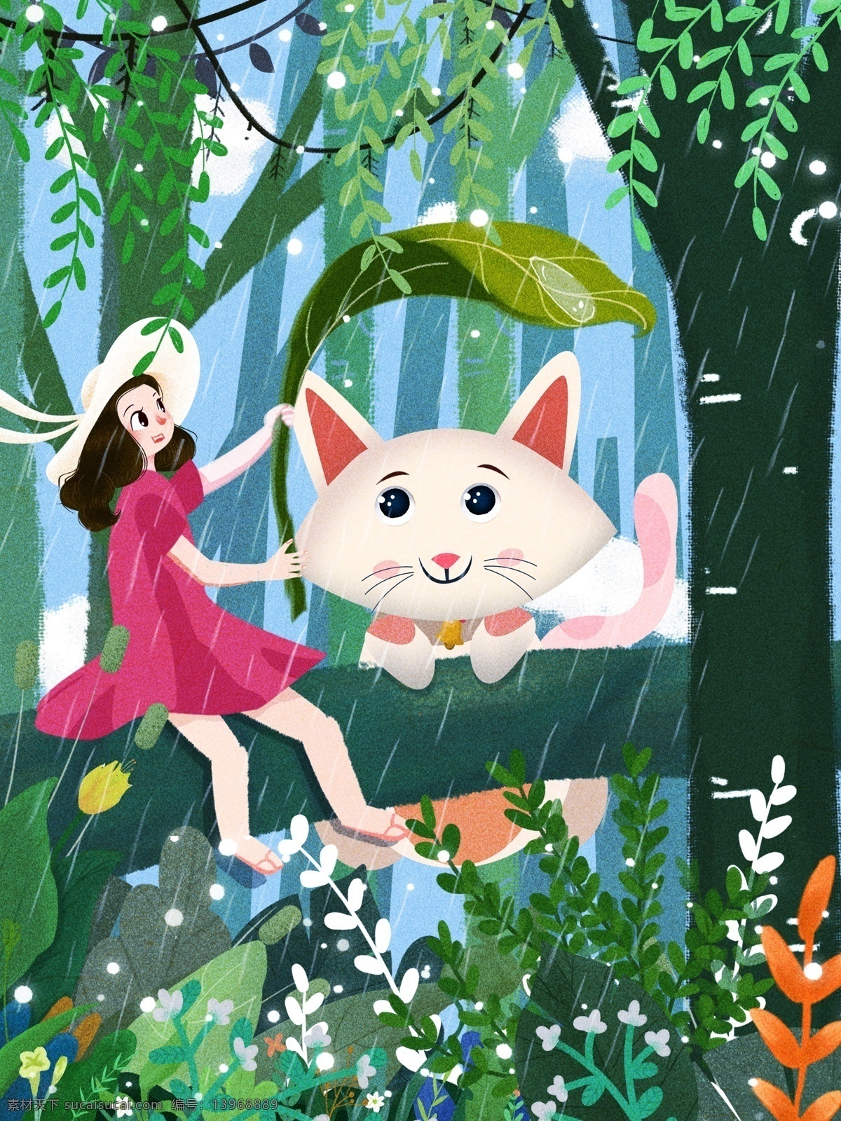 原创 插画 二十四节气 谷雨 卡通 人物 背景 绿树背景 广告 森林 动物 女孩 背景设计