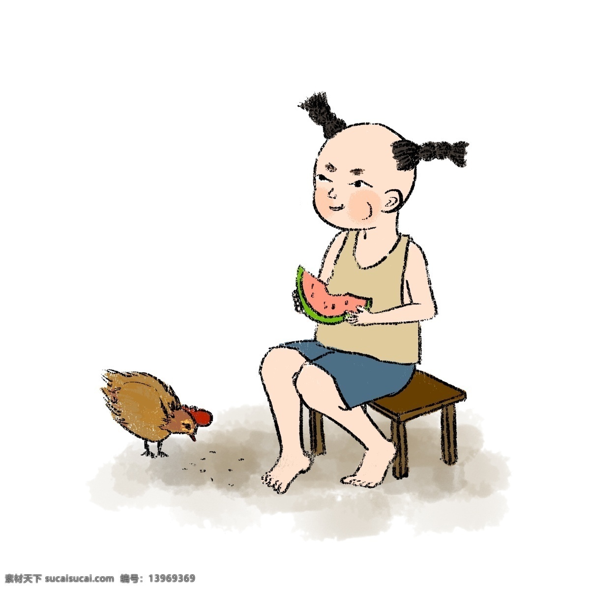 夏季 孩童 吃 西瓜 水墨画 孩童吃西瓜 坐板凳 鸡吃米 童趣