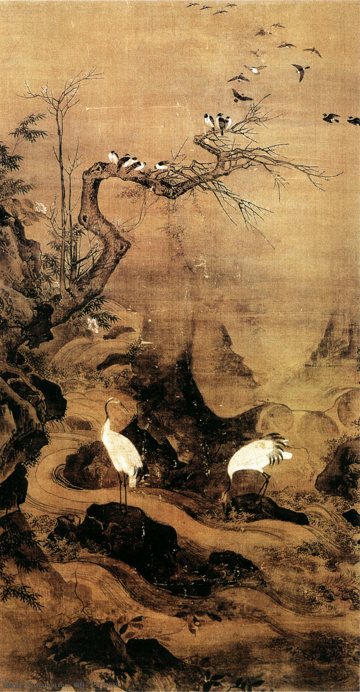 溪鹤图 山水画 中国 古画 中国古画 设计素材 山水名画 古典藏画 书画美术 黑色