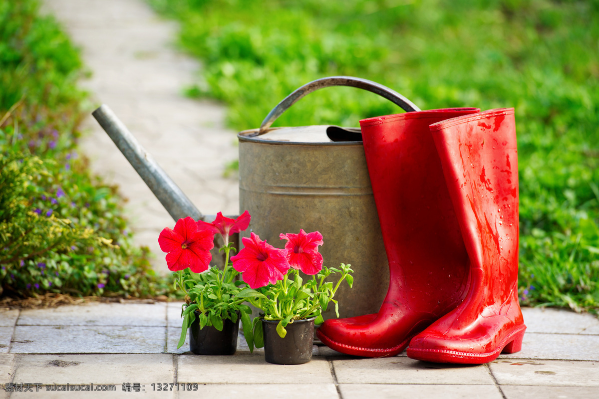 雨靴 喷壶 花盆 雨鞋 鲜花 花卉 园艺工具 园林景观 环境家居