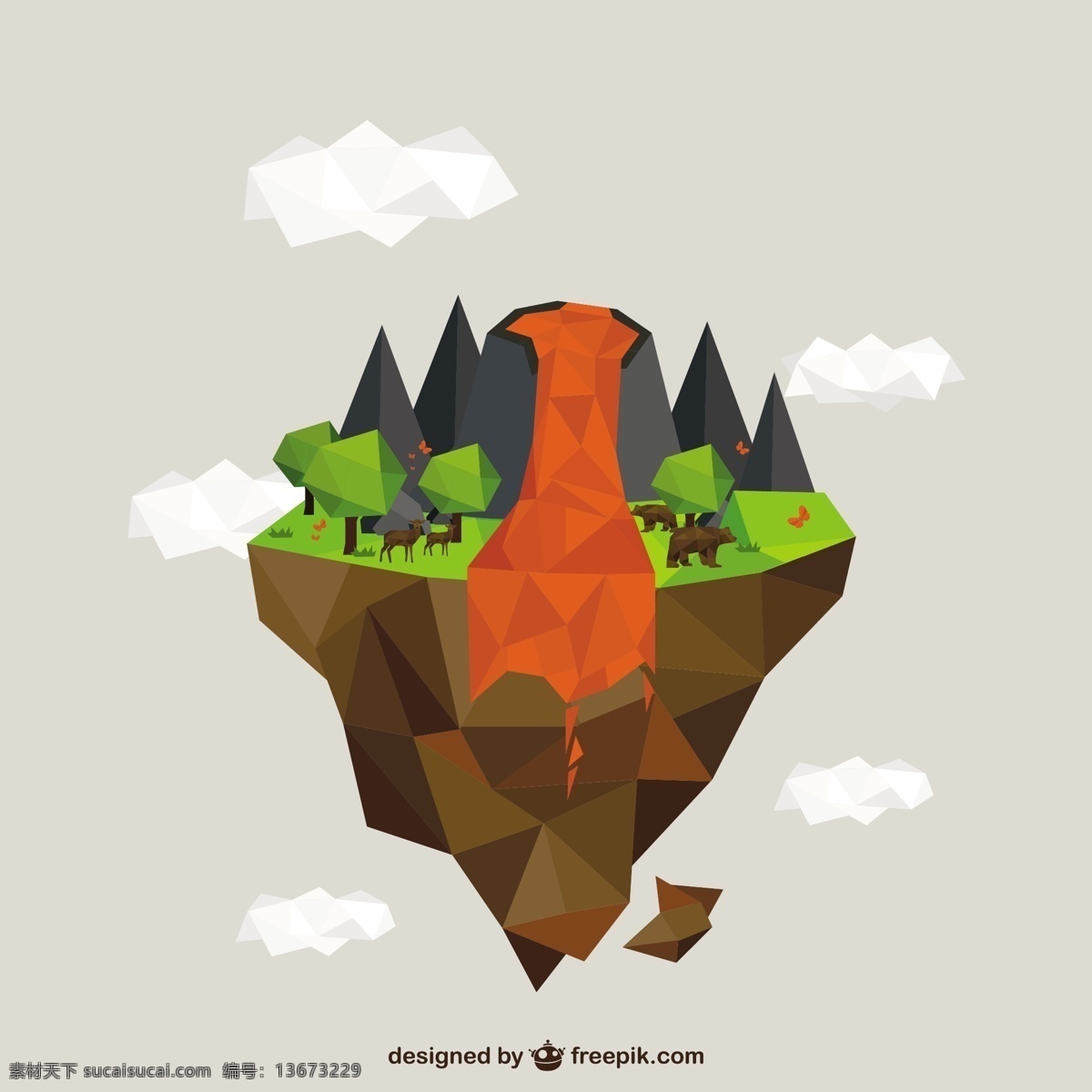 多边形 火山 爆发 抽象 几何 火 自然 山 低聚 景观 低 熔岩 火山喷发 灰色