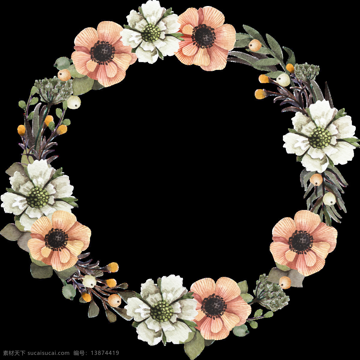 手绘 层次感 花环 装饰 图案 牡丹 玫瑰 蔷薇 花苞 花藤 花圈