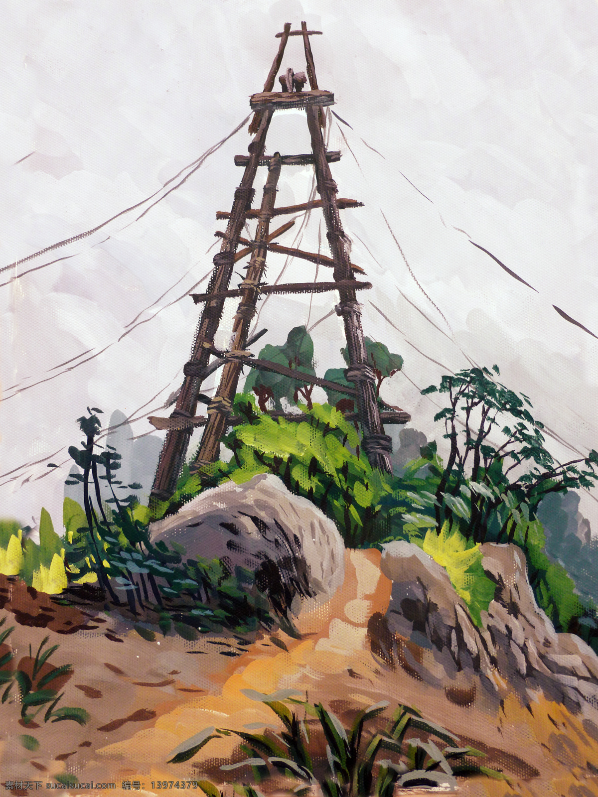 插画 插图 风景 绘画书法 色彩 山水 水彩画 天车 四川 自贡市 乡村 竹林 平房 水粉画 速写 井盐 文化艺术 插画集