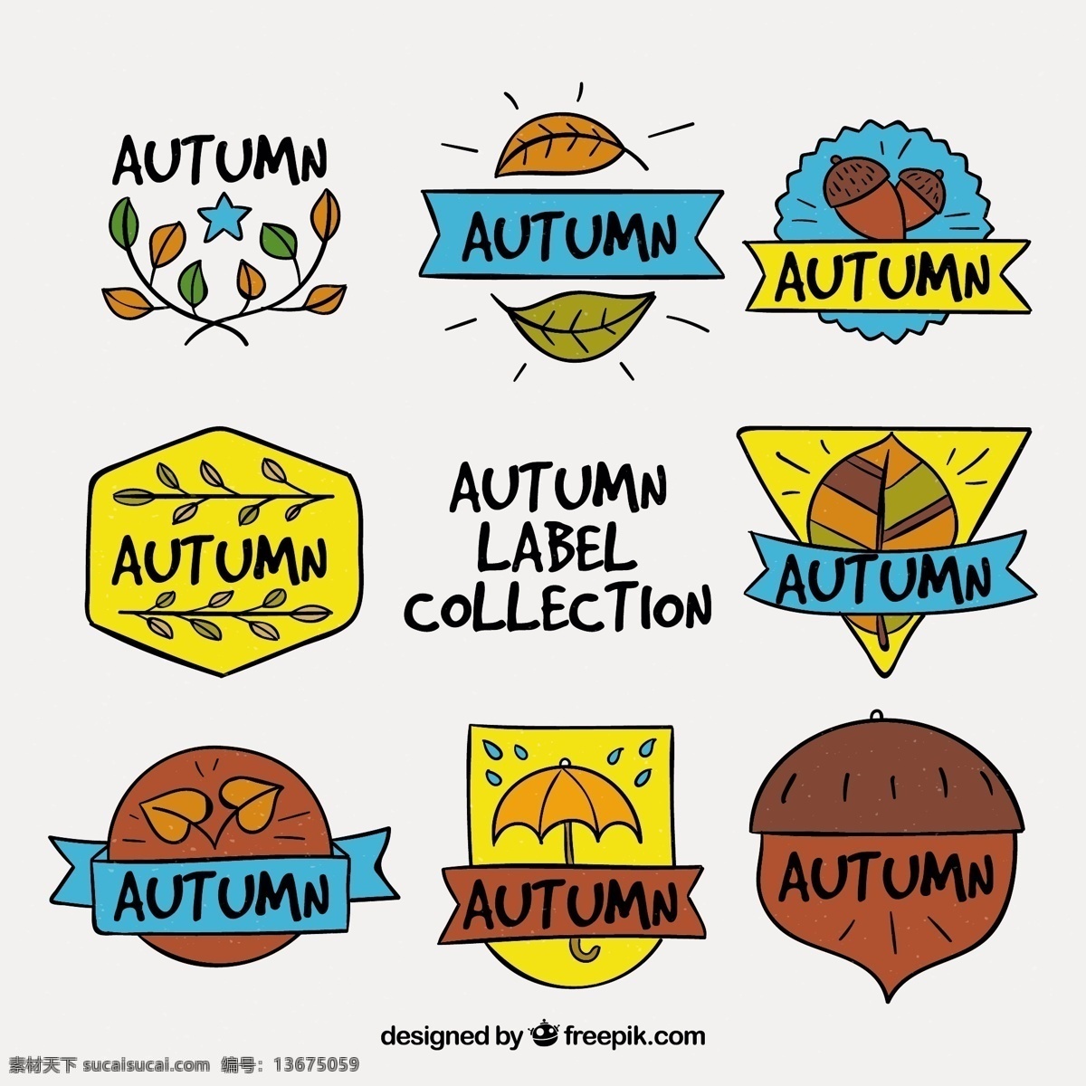 有趣 秋季 徽章 手绘 风格 标签 手 叶 自然 邮票 秋天 树叶 绘画 会徽 符号 酷 分行