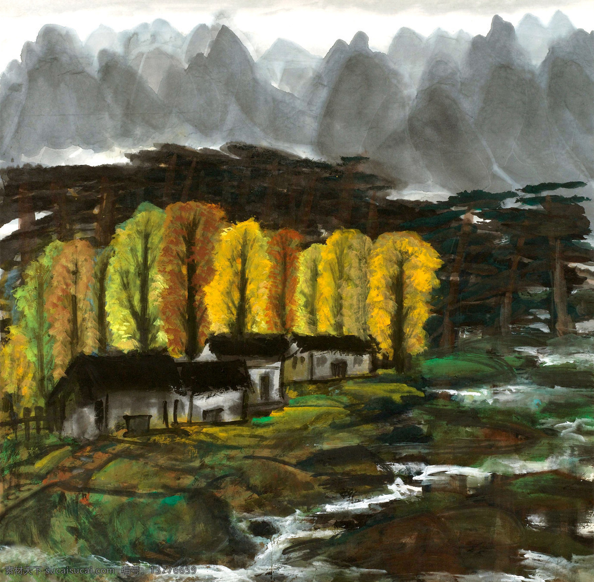 房屋 风景画 绘画书法 金秋 美术 山岭 树木 秋暝幽意 油画 山野 秋林 村子 溪流 油画艺术 油画作品44 文化艺术