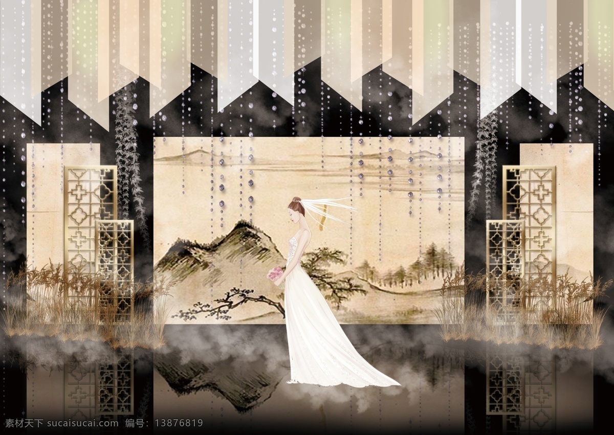 水墨画 婚礼 背景 效果图 山水 新娘 怀旧 烟雾 唯美 阳光板 白色串花 松树 透明板吊顶 复古 水晶帘