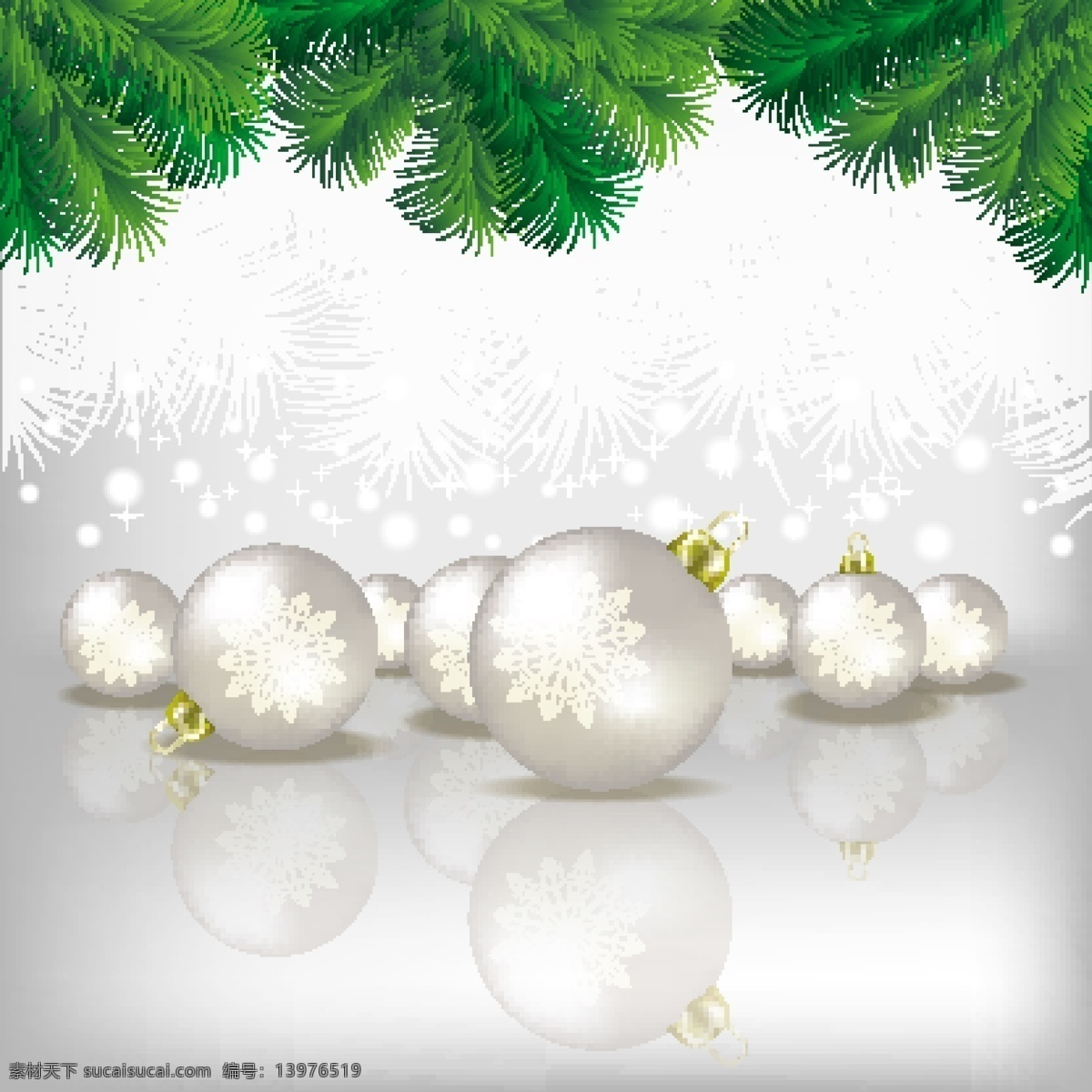 矢量 圣诞 雪花 吊球 松枝 背景 彩球 圣诞节 挂饰 节日素材