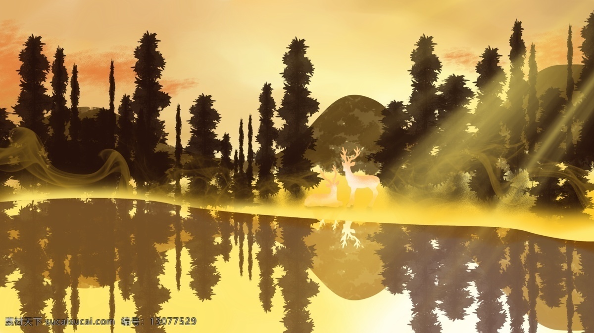 白露 黄昏 湖边 插画 背景 树木 广告背景 背景素材 卡通背景 手绘背景 白露背景 湖面 psd背景 背景展板