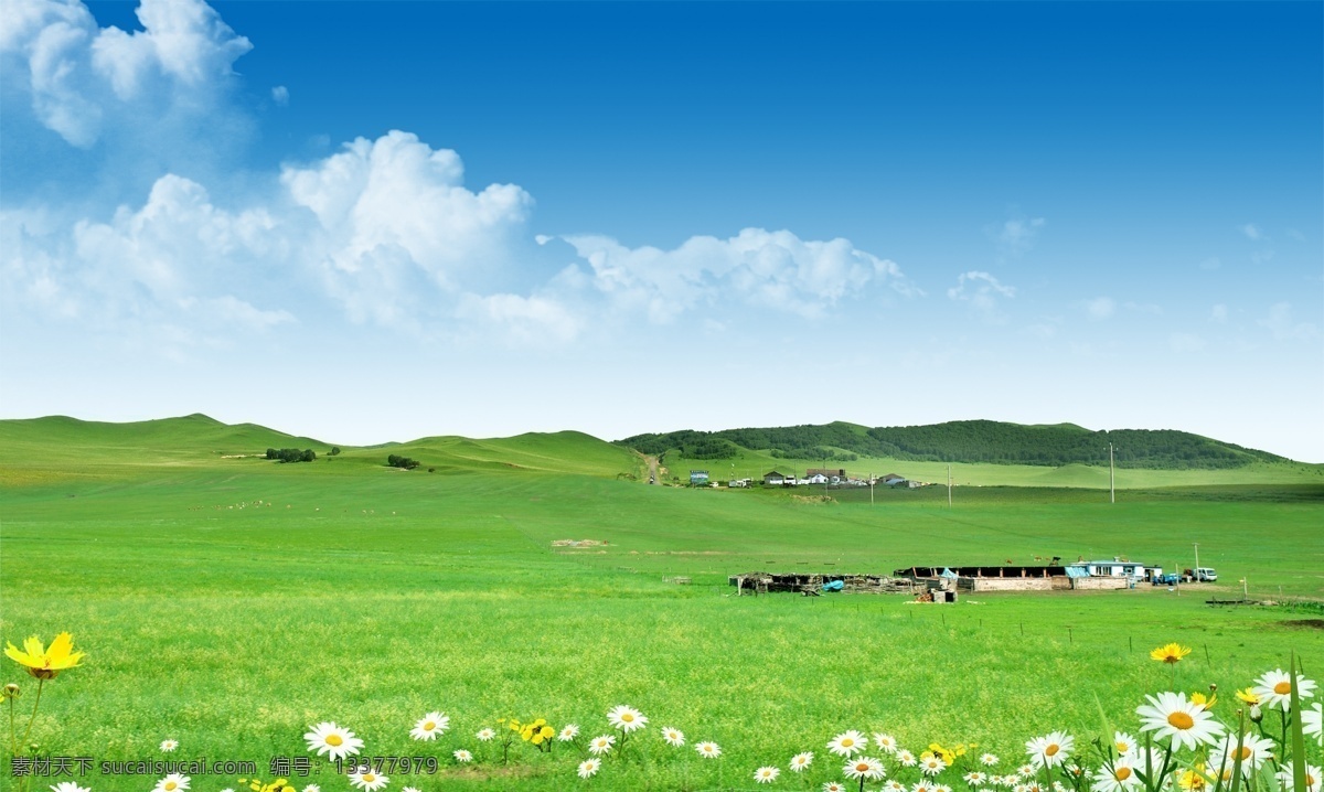 蓝天牧场 蓝天草地 蓝天 草地 白云 蓝天背景 草地背景 飞机 展板 海报 蓝色背景 牧场 牧场背景 分层 源文件