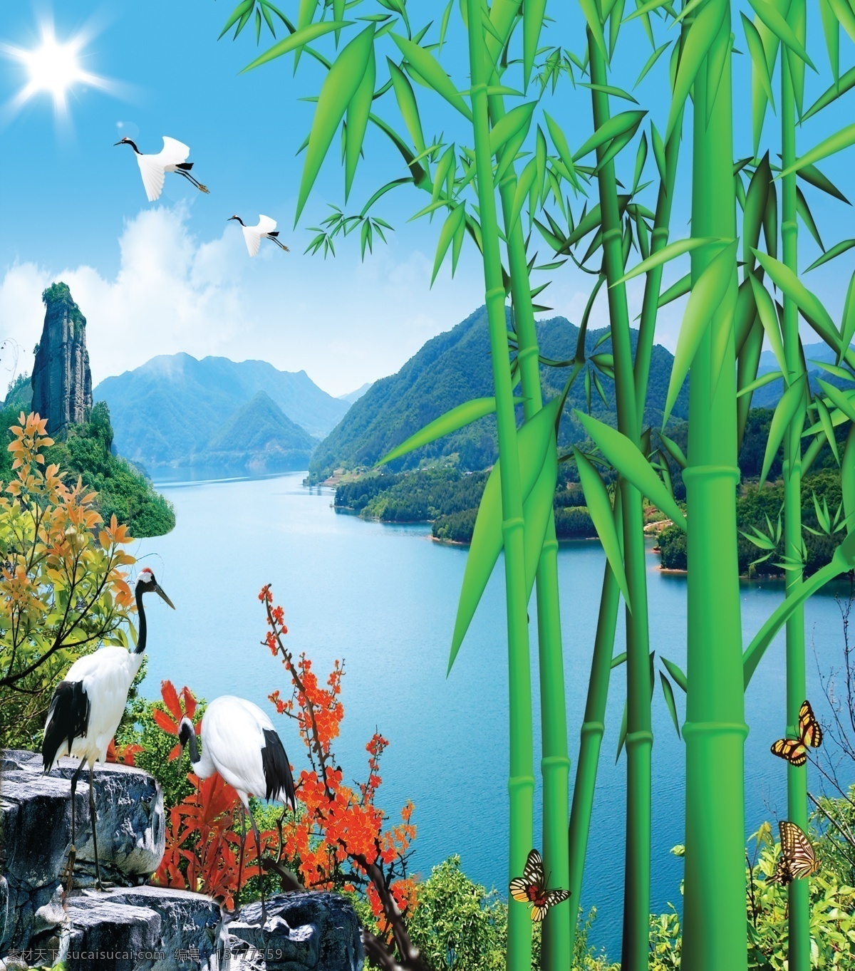 竹子 壁画 山水 风景 蓝天白云 花草 景观 设计图 分层