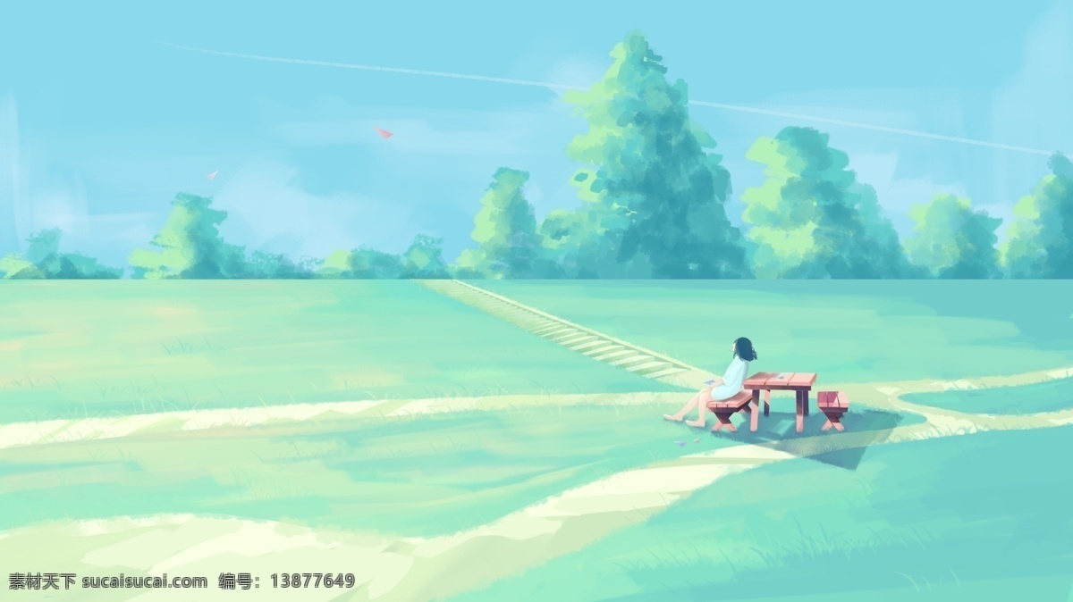 唯美 草原 眺望 天空 小 清新 插画 草地 蓝天 小清新 眺望天空 壁纸 背景 树