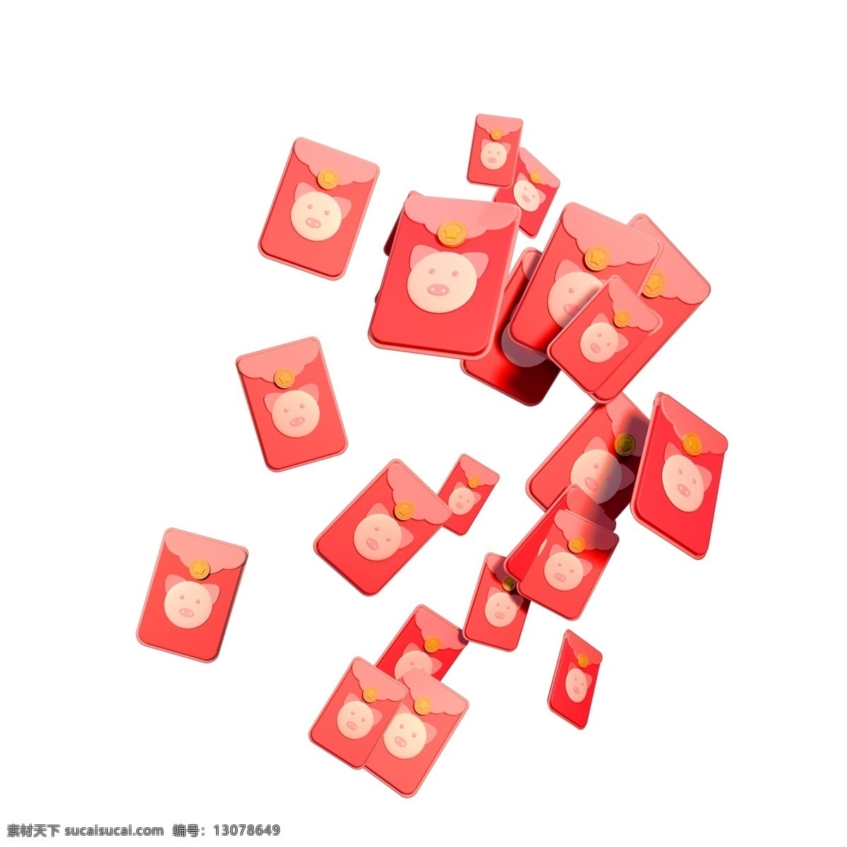 红色 喜庆 猪 红包 雨 元素 商用 3d 春节 过年 猪红包 红包雨 发红包 c4d 猪年