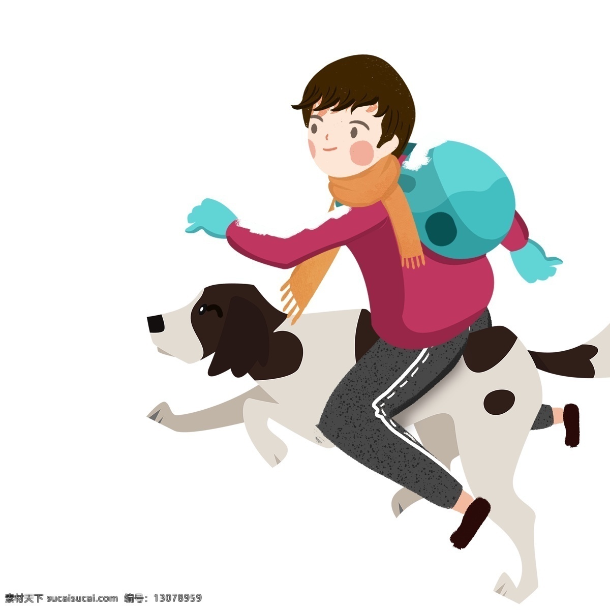 手绘 骑 狗 男孩 卡通 插画 斑点狗 人物