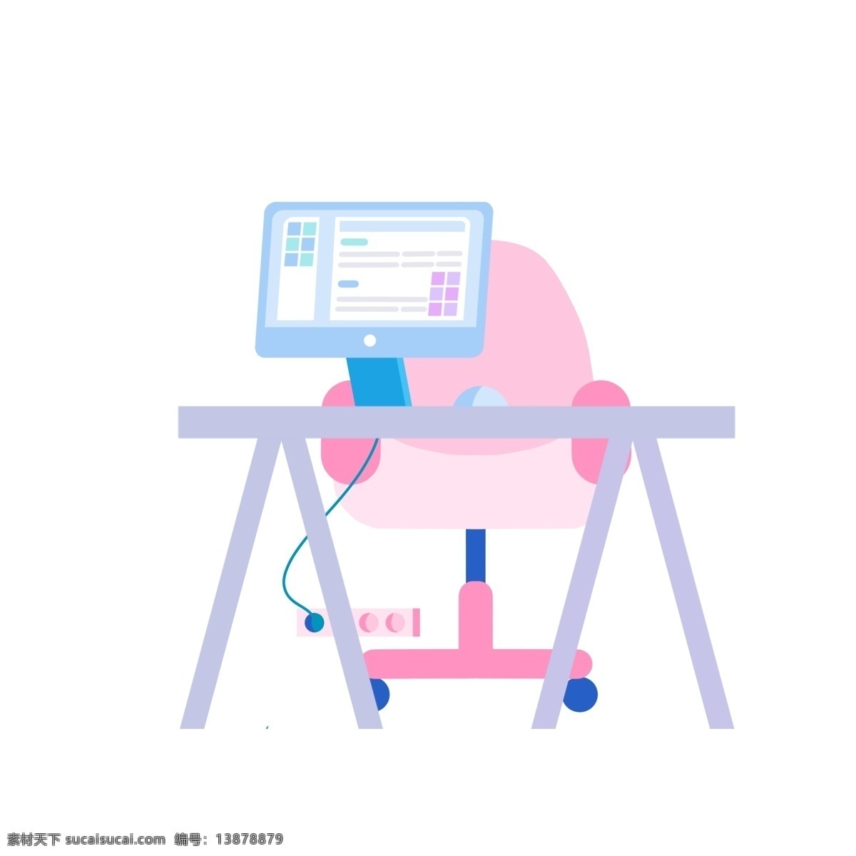 小 清新 办公桌 插画 元素 卡通 粉色 小清新 商务远古三 电脑 办公椅