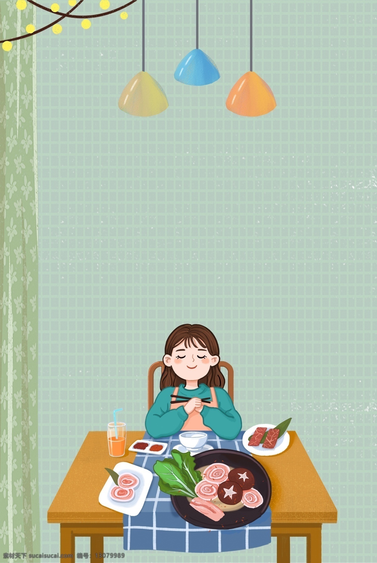 家中 享受 火锅 盛宴 女孩 手绘 食物 人物 家居 生活 美食 插画风 促销海报