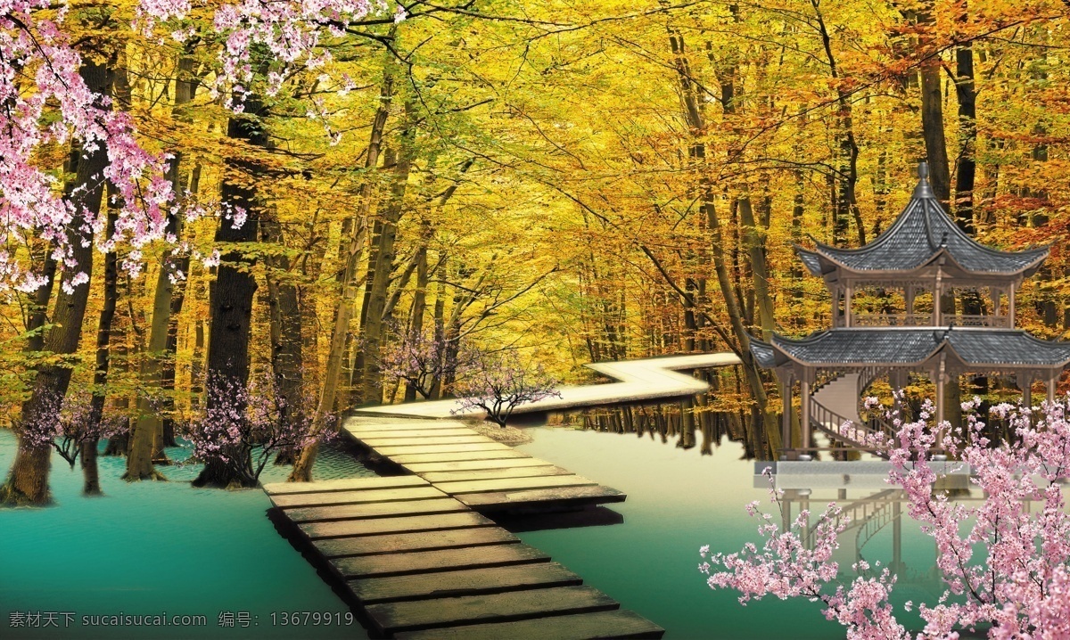 分层 风景 风景画 枫林 枫树 枫叶 桃花 亭子 枫林素材下载 枫林模板下载 小桥 小桥流水 源文件 家居装饰素材 山水风景画