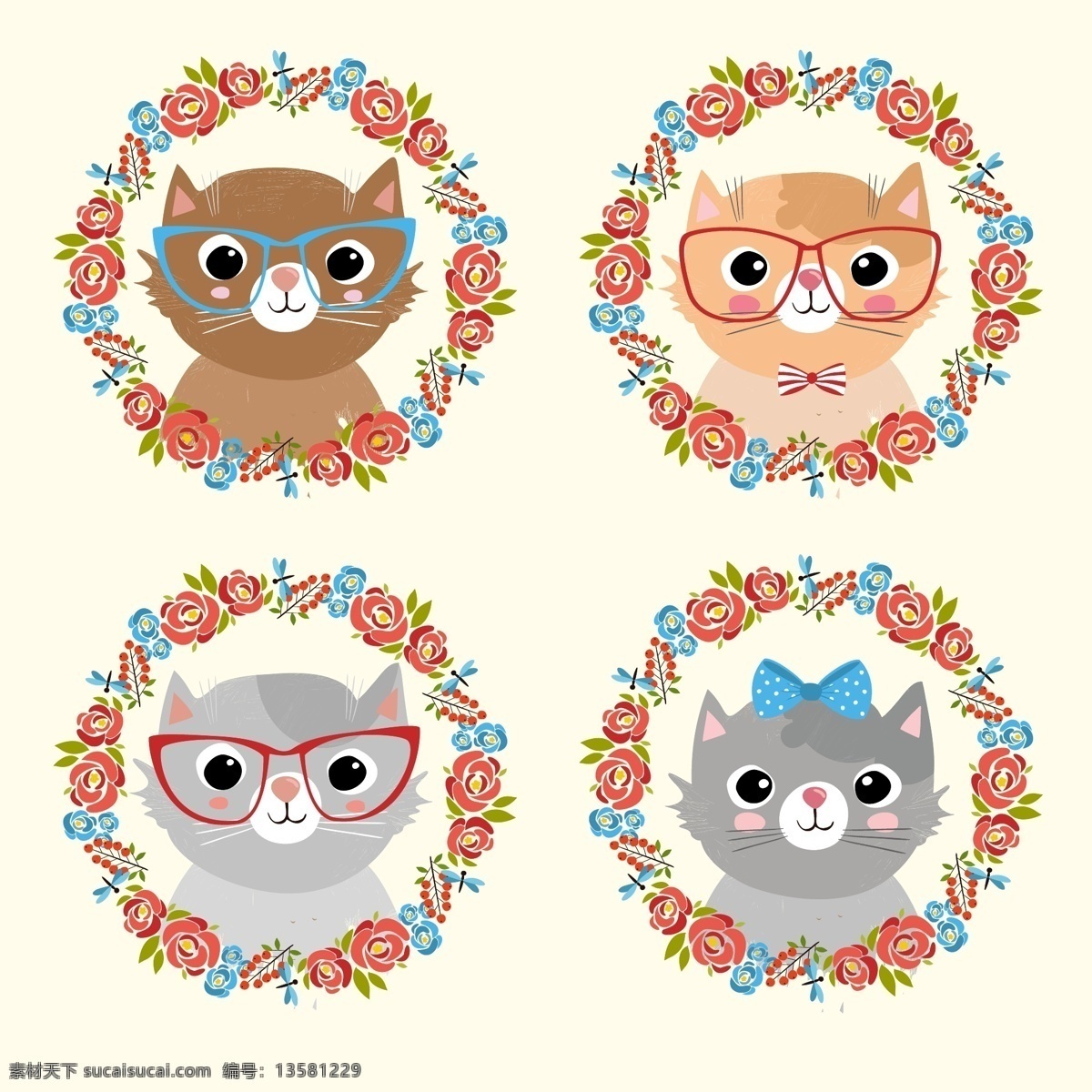 可爱的猫收集 花卉 动物 猫 花圈 可爱 颜色 可爱的动物 收集 彩色