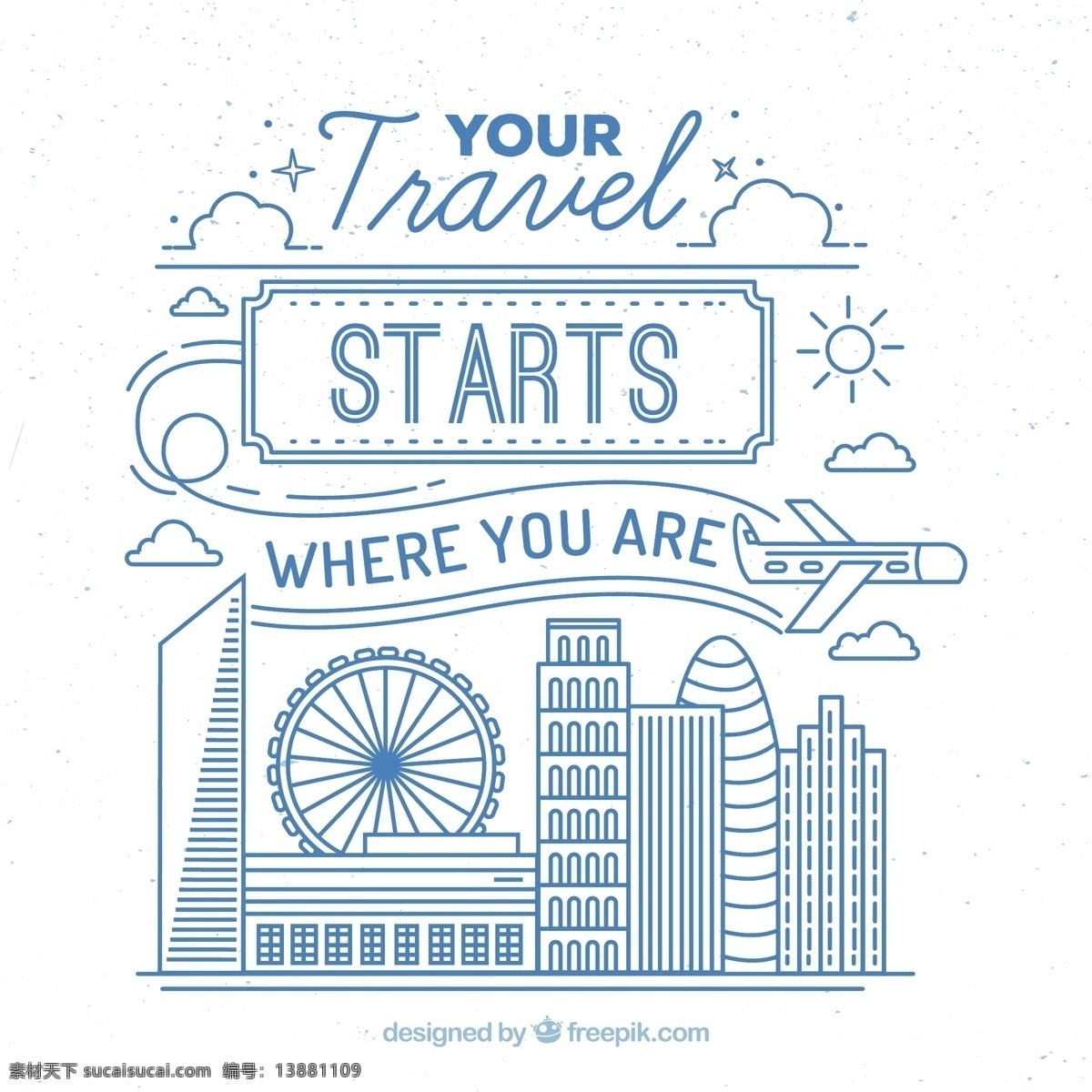 可爱 旅行 插图 蓝色 轮廓 旅游 世界 线条 飞机 车轮 报价 度假 假期 费里斯轮 纪念碑