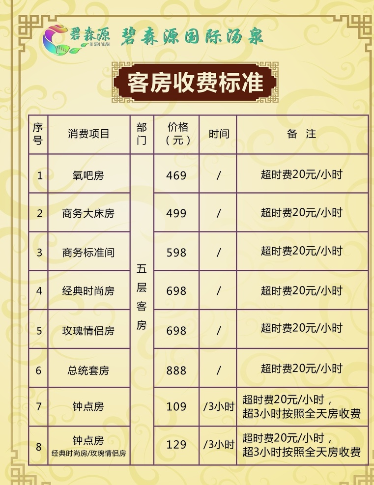 国风 价格表 线框 表格 酒店