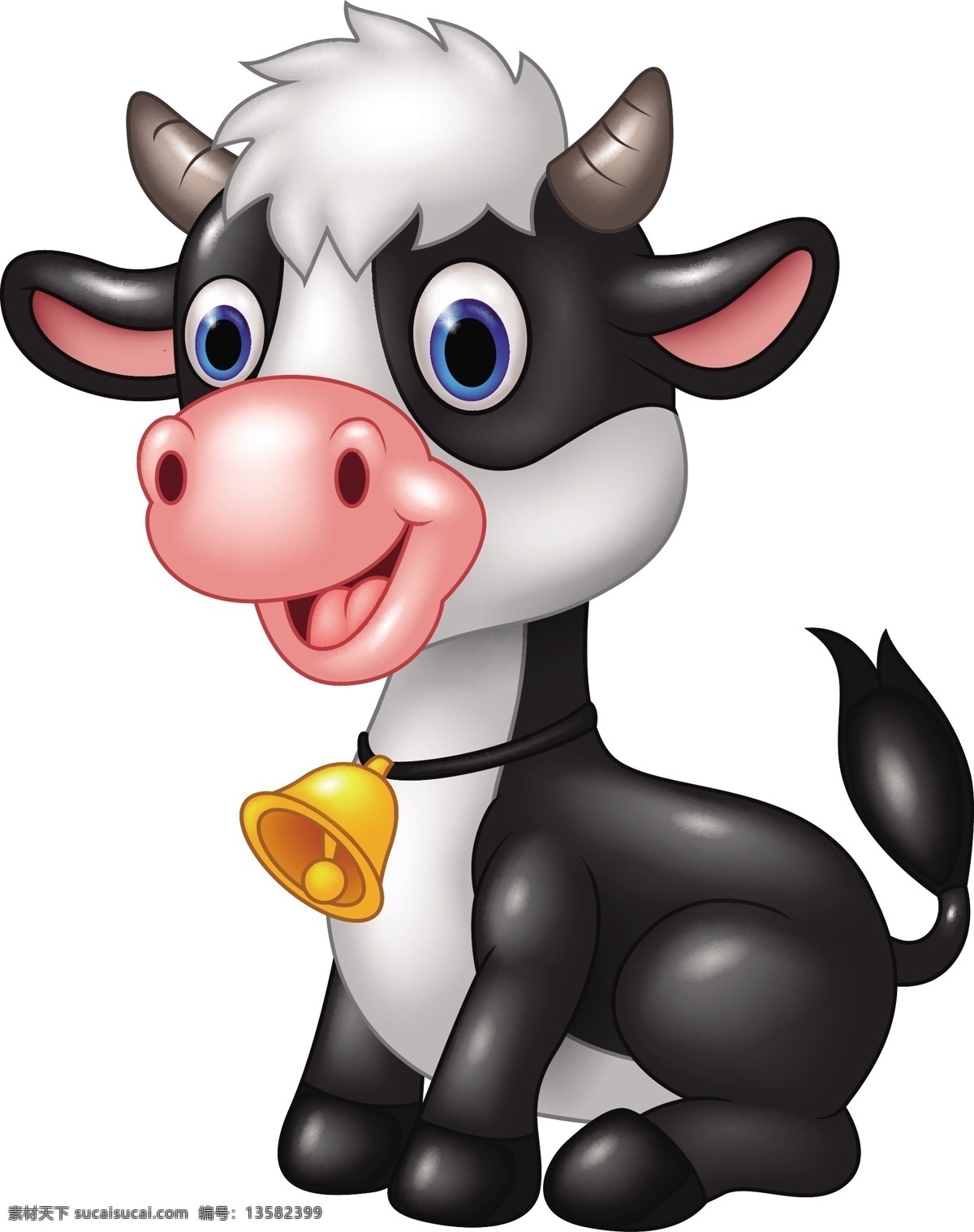 戴 铃铛 的卡 通 黑白 奶牛 矢量 卡通 奶牛家畜 白色