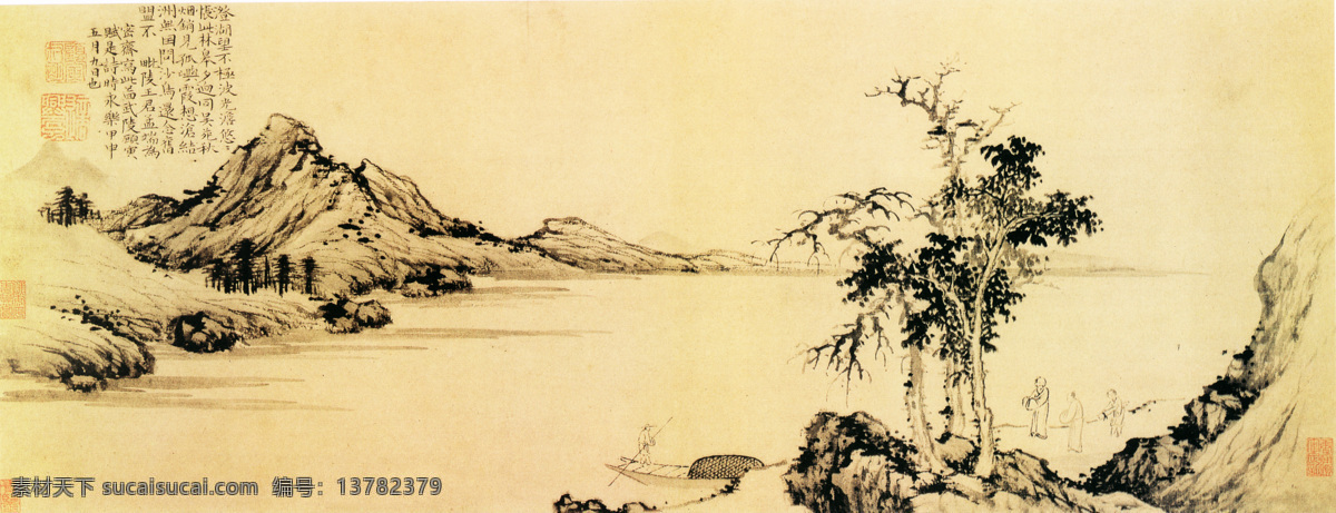 山水 名画 书画 密 斋 写 图 多用 墨 中水 分 完成 大阪 市立 美术 馆藏 系 平远 小景 以倪瓒为师 还 吸取 吴 镇 画法 倪画折笔较少 整个 画面 秀润 疏 爽 王绂 文化艺术