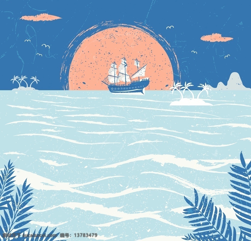创意海上夕阳 船舶风景 矢量素材 自然 创意 大海 夕阳 太阳 船舶 风景 海鸥 椰子树 岛屿 矢量图 ai格式 自然风景