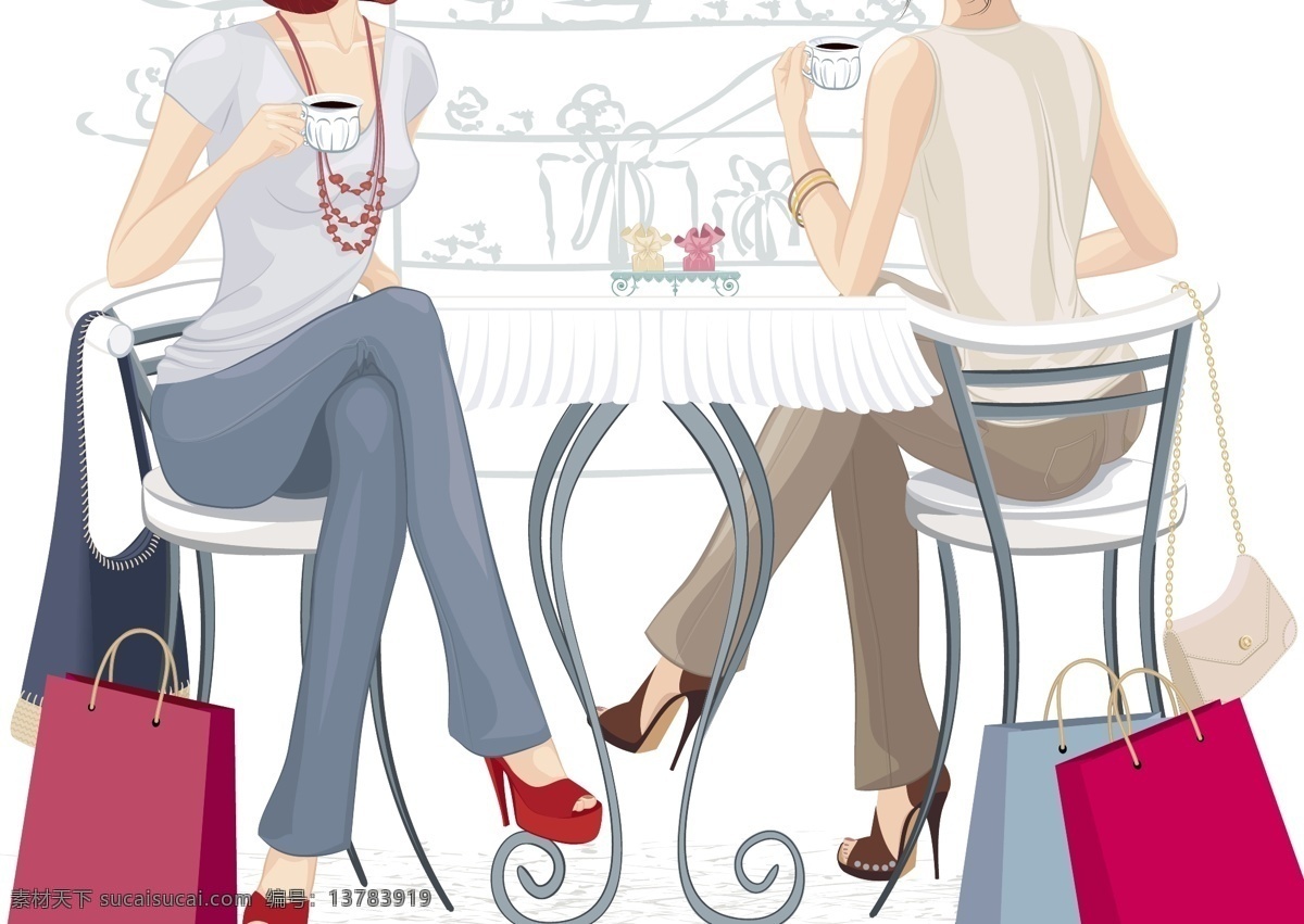 喝 咖啡 时尚女人 插画 购物 休息 喝咖啡 时尚 女人 休闲 场景