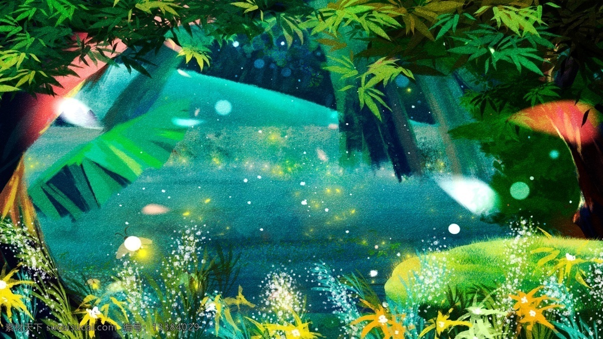 奇幻 树丛 湖泊 背景 广告背景 背景素材 卡通背景 手绘背景 森林 童话风 插画背景 湖泊背景 psd背景