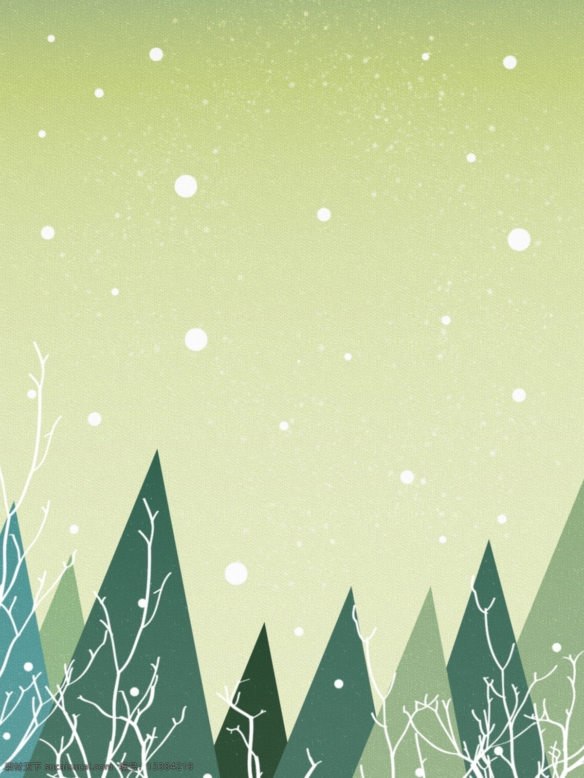 纯 原创 小 清新 绿色 远山 雪花 背景 雪点 绿色背景 树林背景 冬天背景 枯树背景