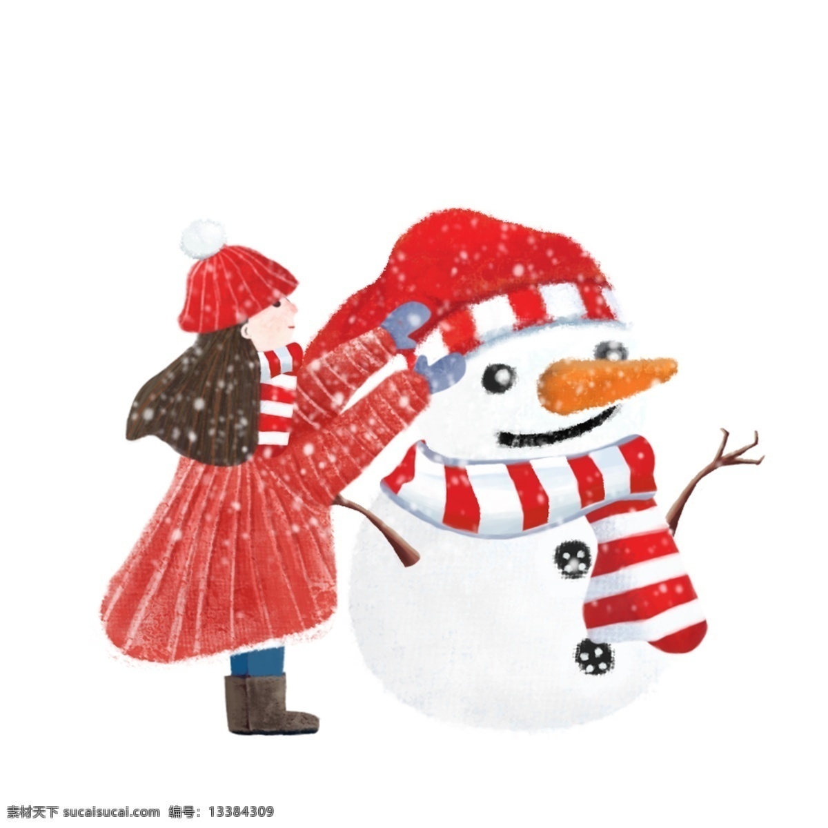 大雪 中 堆 雪人 女孩 插画 人物 冬季 清新 唯美 雪花 堆雪人 下雪天 冬日 手绘设计