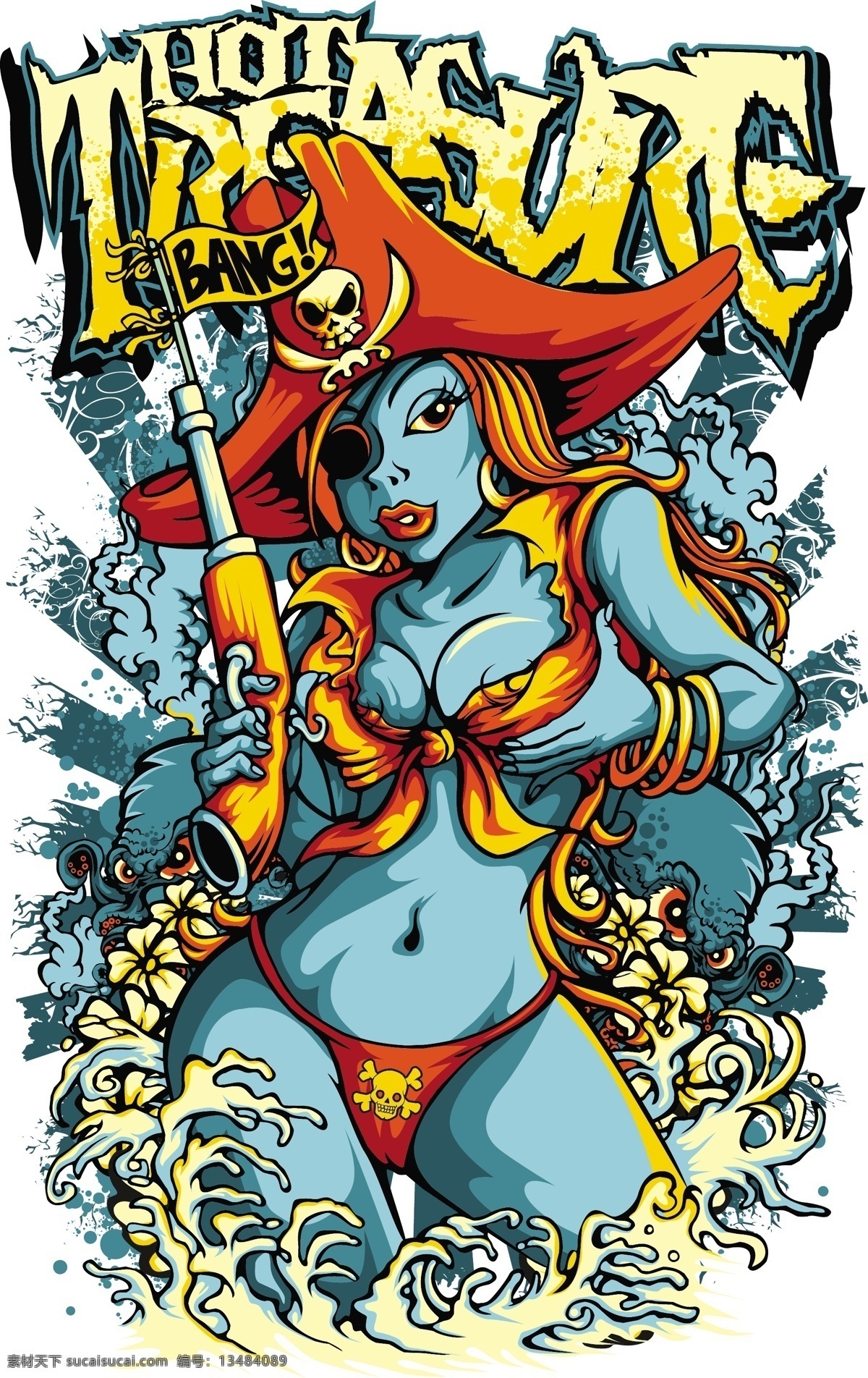 海盗美女插画 海盗 卡通美女 美女插画 性感女人 t恤印花设计 印花图案 衣服印花 服装印花 时尚插画 潮流图案 底纹边框 矢量素材