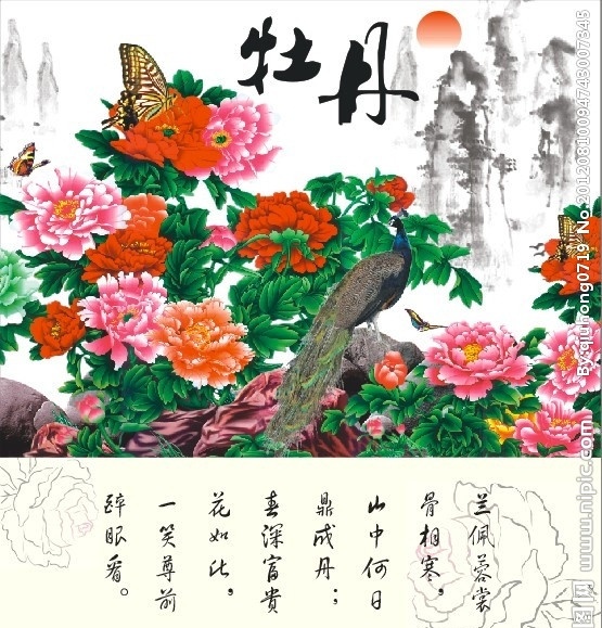 牡丹花 花 孔雀 石头 山 日出 太阳 富贵花开 国画 蝴蝶 山水风景 自然景观 矢量