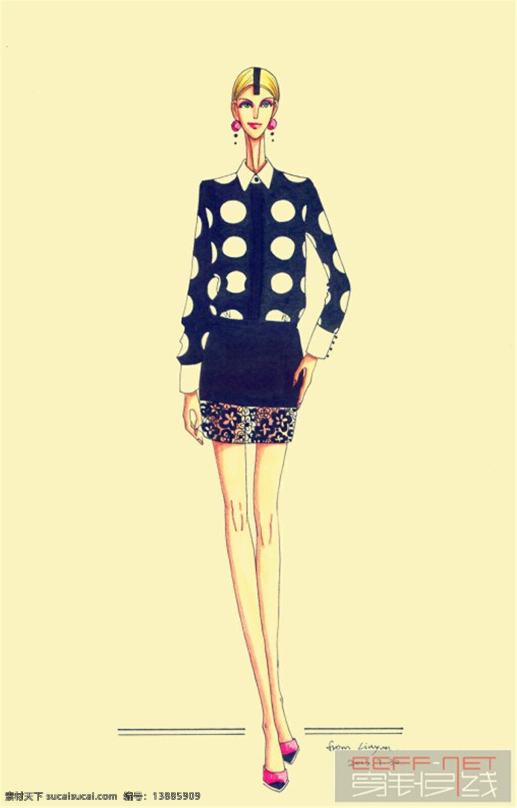黑白 斑点 连衣裙 设计图 服装设计 时尚女装 职业女装 职业装 女装设计 效果图 短裙 衬衫 服装 服装效果图