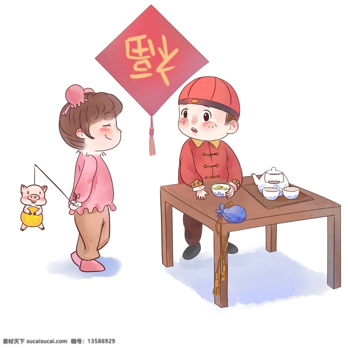 新年 猪年 里 一起 玩游戏 卡通 手绘 福字到了 小男孩儿 小女孩儿 小猪猪玩具 桌子 茶壶 茶杯 惊讶 得意 精细 开心 元旦节
