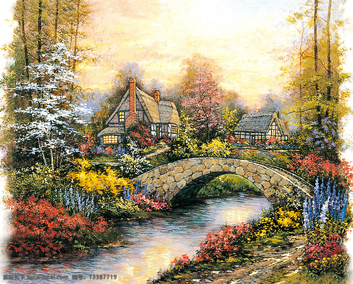 郊区 石桥 树林 小屋 风景 油画 大图 高清 拱桥 河水 装饰素材