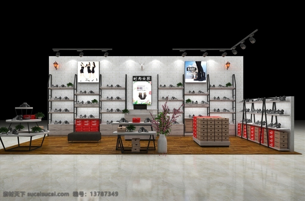 女鞋专柜 女鞋 鞋柜 女鞋专区 展柜 文化砖风格 商场女鞋 铁架 3d设计 室内模型 max