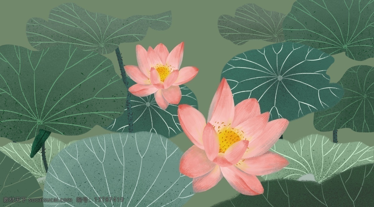 手绘 绿色 荷塘 荷花 插画 背景 唯美背景 中国风背景 荷塘背景 赏荷花 插画背景 荷花背景 夏天背景