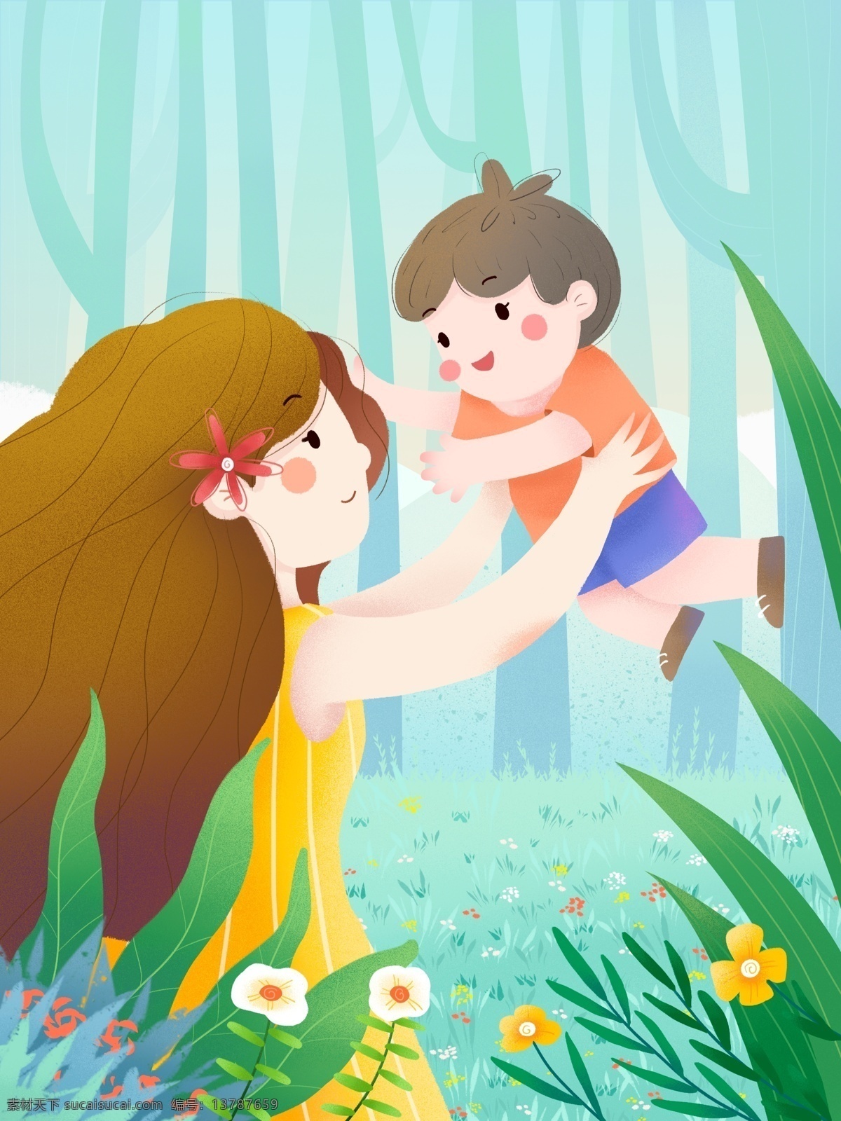 母亲节 快乐 亲子 互动 妈妈 抱 孩子 举 高高 拥抱 植物 花朵 树木