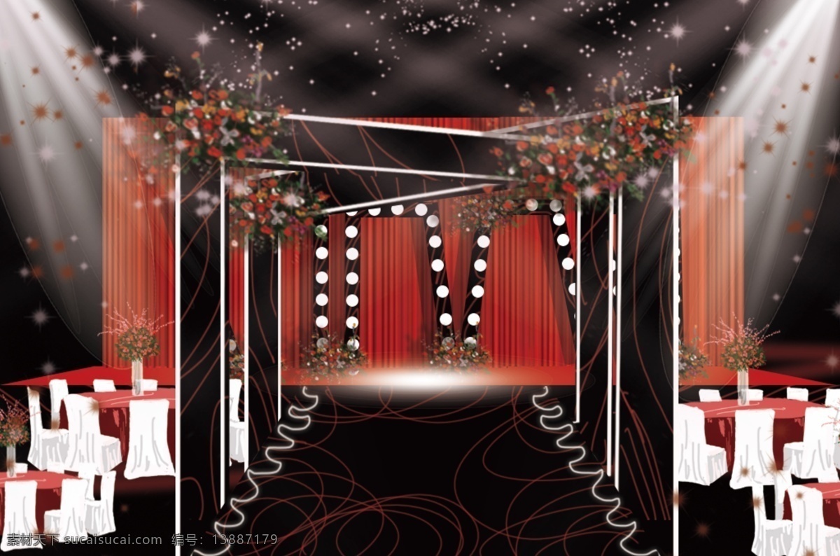 大气 红 黑色 婚礼 舞台 仪式 区 背景 效果图 灯带 灯泡 红色 桌花 红色鲜花造型 板 造型 柱子结构背景