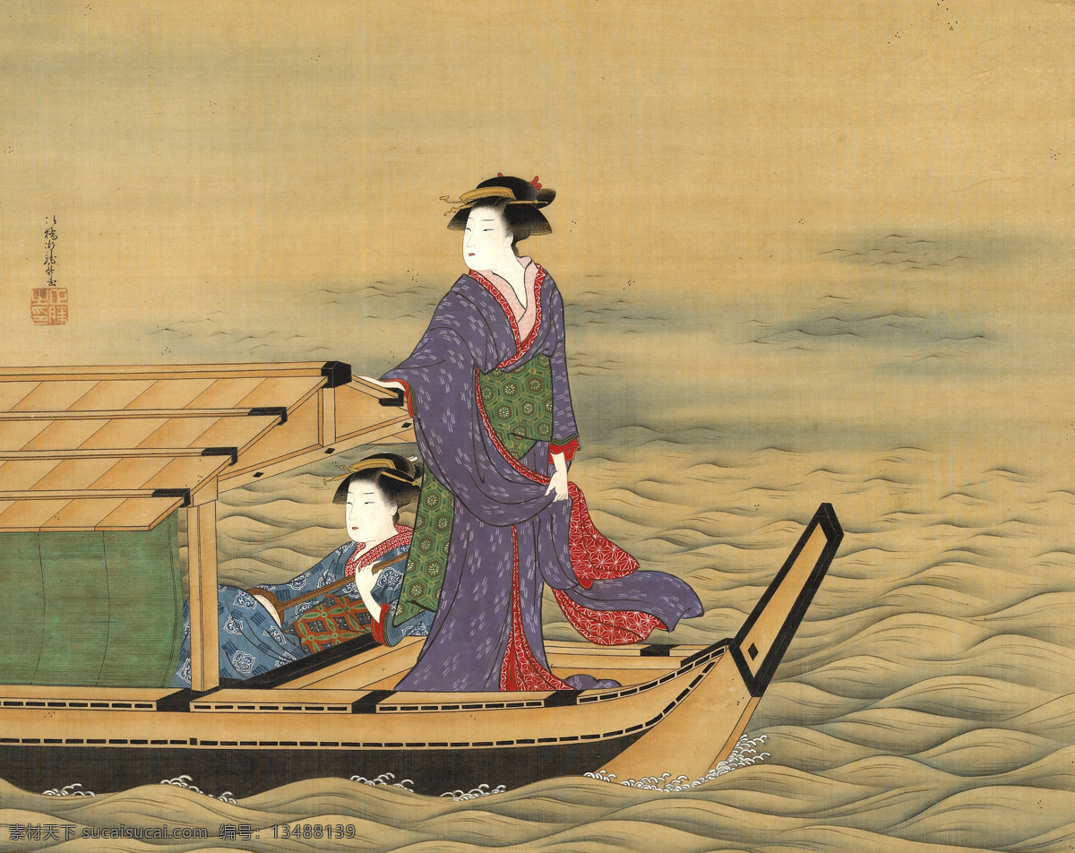 日本人物画 日本女人 日本画 人物 风景画 船 装饰画 黄色