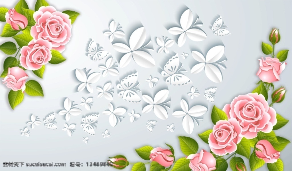 立体 蝴蝶 牡丹花 立体蝴蝶 粉色牡丹花 绿藤 3d背景 电视墙背景