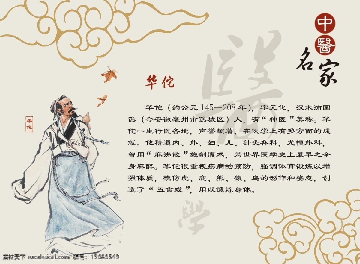 中医名家 华佗 祥云底纹 书法字体 章 艺术字 淡黄色 中医名医名家 广告设计模板 源文件