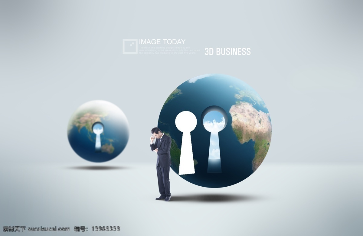 商务 商务人士 经济 科技 3d 地球 钥匙孔 开启 思考 商务金融 科技金融 psd素材 灰色
