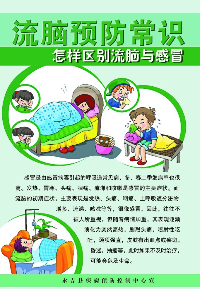 流脑预防常识 怎样 区别 流行 行 感冒 卡通人物 展板模板 广告设计模板 源文件